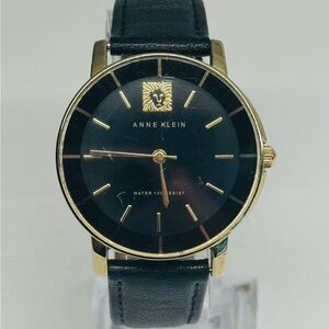 Anne Klein Watch Mens Black Gold Tone Leather Band AK/1058 New Battery Runs